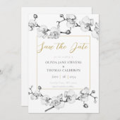 シックエレガント白黒モダン金ゴールド保存日付 招待状 (正面/裏面)