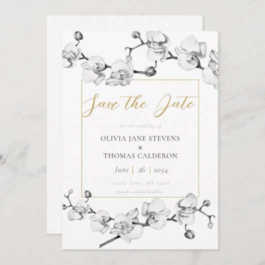 シックエレガント白黒モダン金ゴールド保存日付 招待状 (正面/裏面)