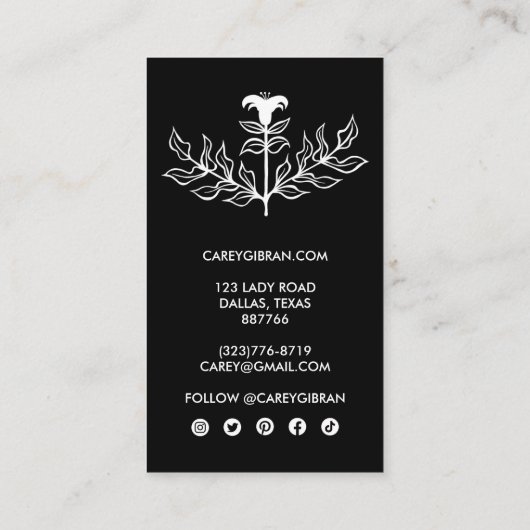 シックエレガント白黒リリーラインスケッチカスタム 名刺 (裏面)