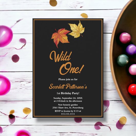 シックエレガント紅葉白黒1st誕生日 招待状