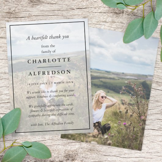 シックエレガント葬儀 |ミニマル写真悔やみや弔慰 サンキューカード