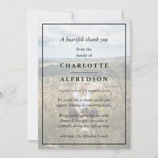シックエレガント葬儀 |ミニマル写真悔やみや弔慰 サンキューカード (正面)