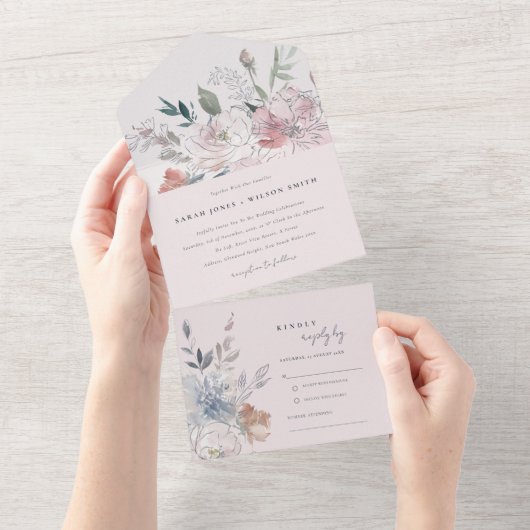 シックエレガント赤面ウォーターカラーフローラ結婚ズ オールインワン招待状 (貼ってはがせる)