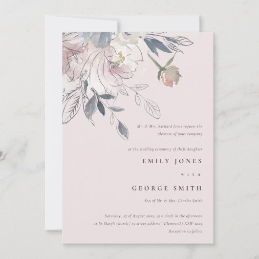 シックエレガント赤面ウォーターカラーフローラ結婚ズ 招待状 (正面)