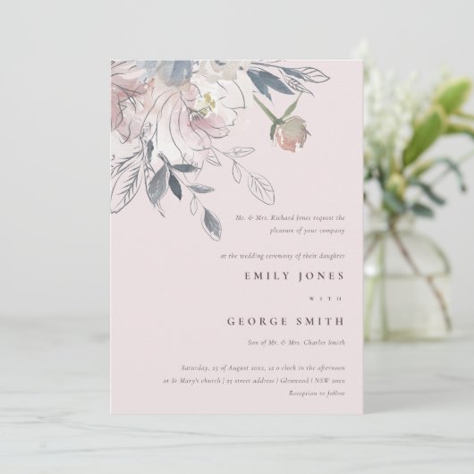 シックエレガント赤面ウォーターカラーフローラ結婚ズ 招待状 (スタンド正面)