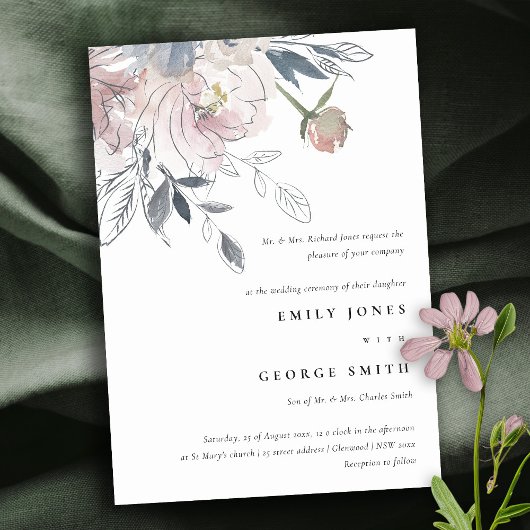 シックエレガント赤面ウォーターカラーフローラ結婚ズ 招待状