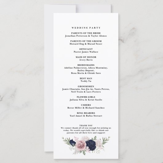 シックエレガント赤面ネイビーブルー結婚式 プログラム (裏面)