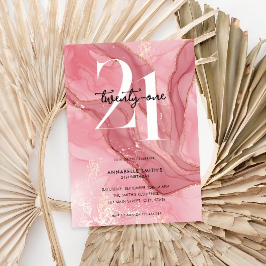 シックエレガント赤面ピンクウォーターカラー21歳の誕生日 招待状