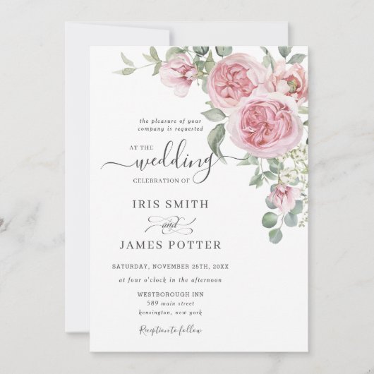 シックエレガント赤面ピンクフローラ結婚ズ詳細QR 招待状 (正面)