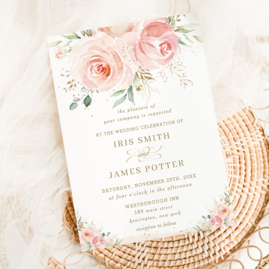 シックエレガント赤面ピンクフローラ結婚金ゴールド 招待状