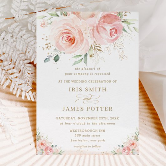 シックエレガント赤面ピンクフローラ結婚金ゴールド 招待状