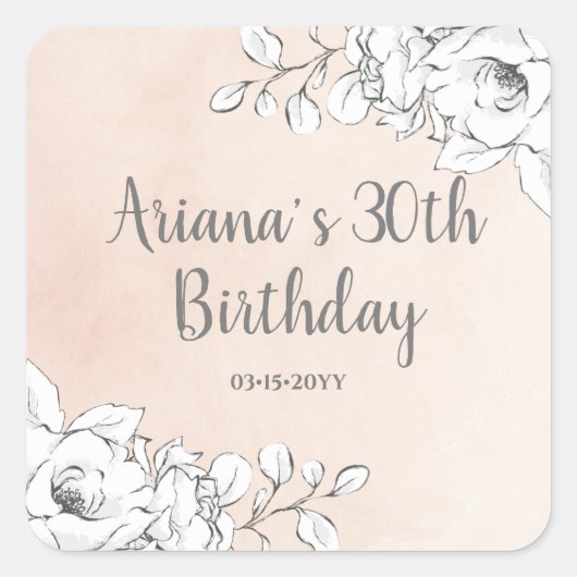 シックエレガント赤面ピンクホワイトフローラ誕生日 スクエアシール (正面)