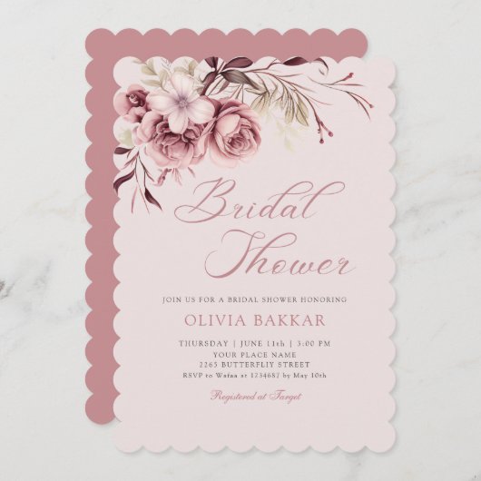 シックエレガント赤面ピンクボホフローラブライダルシャワー 招待状 (正面/裏面)