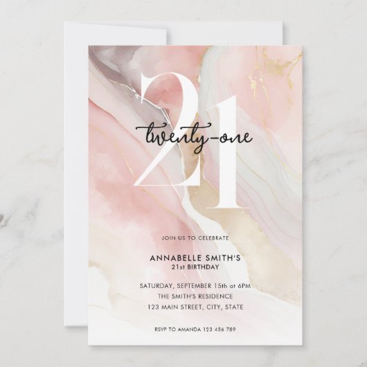 シックエレガント赤面ピンクマーブルアゲート21歳の誕生日 招待状 (正面)