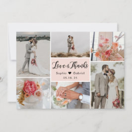 シックエレガント赤面ピンク6フォトコラージュ結婚ズ サンキューカード