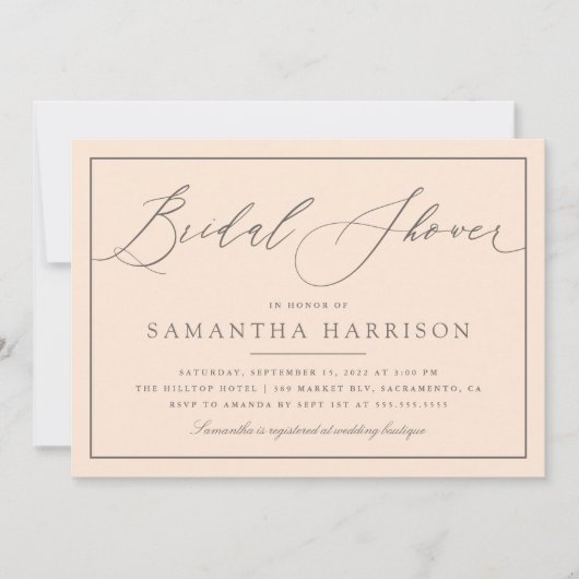 シックエレガント赤面ピンク&グリーゲブライダルシャワー 招待状 (正面)