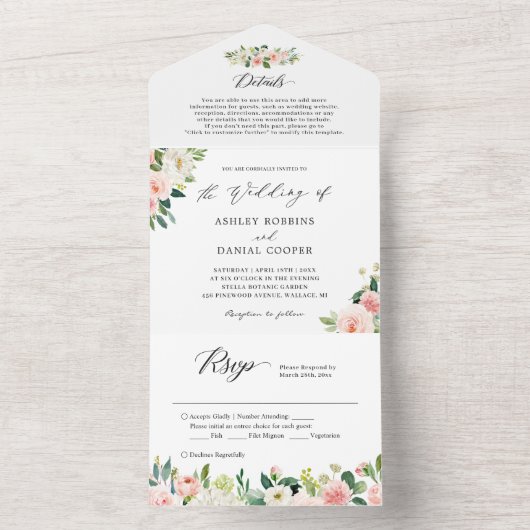 シックエレガント赤面フローラ結婚詳細RSVP オールインワン招待状 (内側)