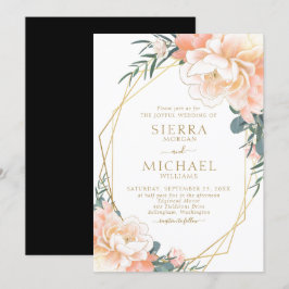 シックエレガント赤面金ゴールドピーチブラックフローラズ結婚 招待状