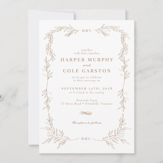 シックエレガント金ゴールドつる植物グリーナリーフレーム結婚ズ 招待状 (正面)
