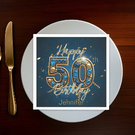 シックエレガント金ゴールドとブルージェムストーン50誕生日 スタンダードカクテルナプキン