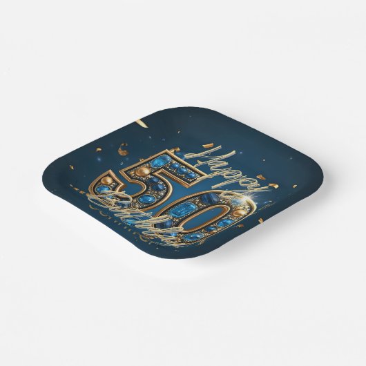 シックエレガント金ゴールドとブルージェムストーン50誕生日 ペーパープレート (傾斜あり)