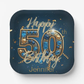 シックエレガント金ゴールドとブルージェムストーン50誕生日 ペーパープレート (正面)