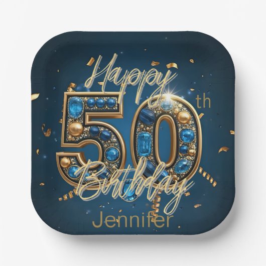 シックエレガント金ゴールドとブルージェムストーン50誕生日 ペーパープレート (正面)
