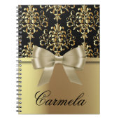 シックエレガント金ゴールドとボウ付きブラックダマスク ノートブック (正面)