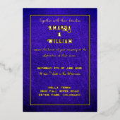 シックエレガント金ゴールドオンブルーレザー結婚ズ 箔招待状 (正面)