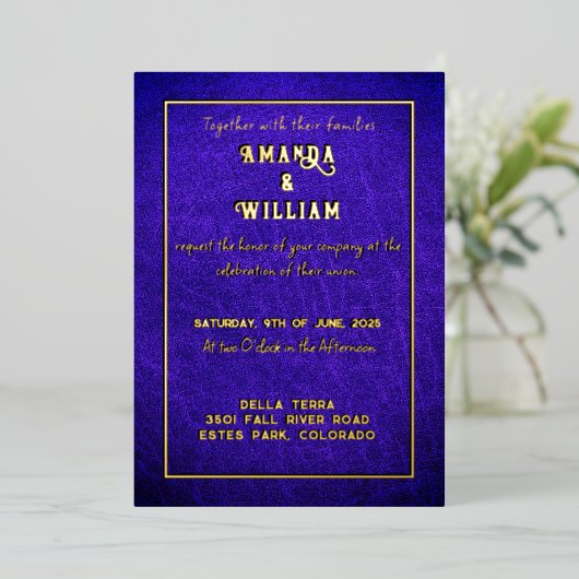 シックエレガント金ゴールドオンブルーレザー結婚ズ 箔招待状 (立ち正面)