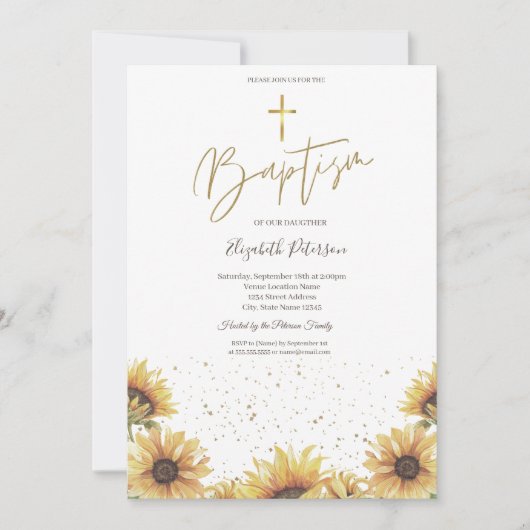 シックエレガント金ゴールドクロスサンフラワーバプテスマ 招待状 (正面)