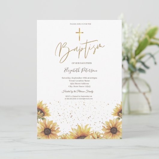 シックエレガント金ゴールドクロスサンフラワーバプテスマ 招待状 (スタンド正面)