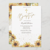 シックエレガント金ゴールドクロスサンフラワーバプテスマ 招待状 (正面/裏面)