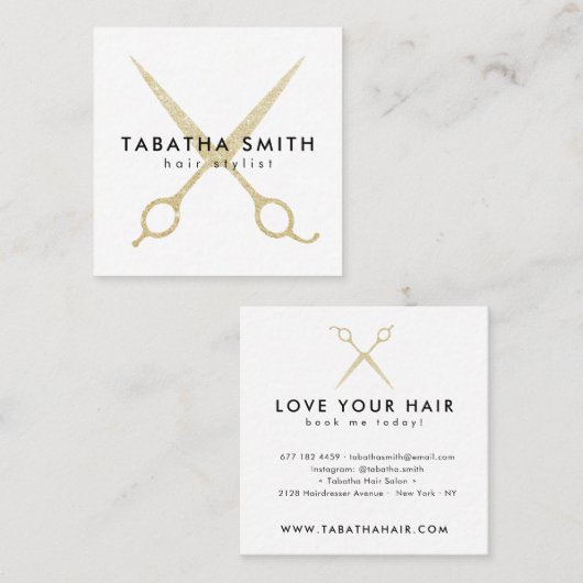 シックエレガント金ゴールドグリッターはさみ美容師 スクエア名刺 (正面/裏面)