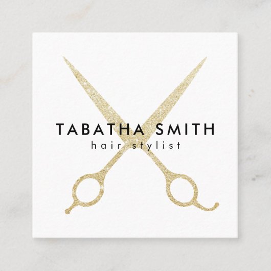 シックエレガント金ゴールドグリッターはさみ美容師 スクエア名刺 (正面)