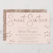 シックエレガント金ゴールドグリッタースクリプトピンクスウィート16 招待状 (正面/裏面)