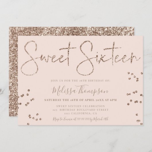 シックエレガント金ゴールドグリッタースクリプトピンクスウィート16 招待状 (正面/裏面)