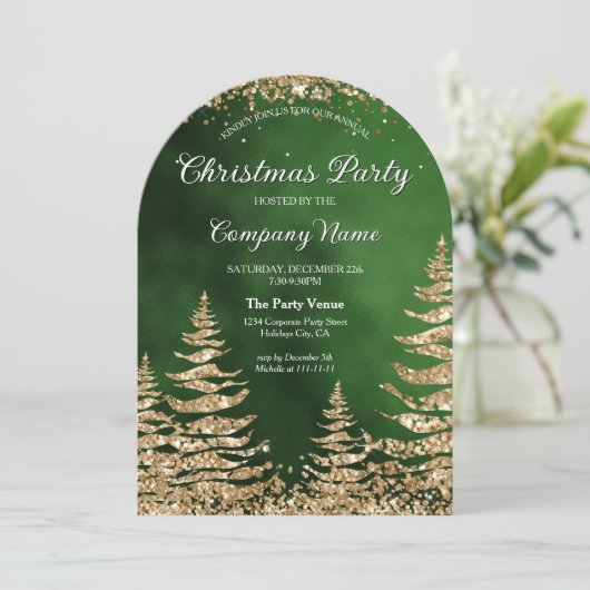 シックエレガント金ゴールドグリッターパイン企業のパーティー 招待状 (スタンド正面)