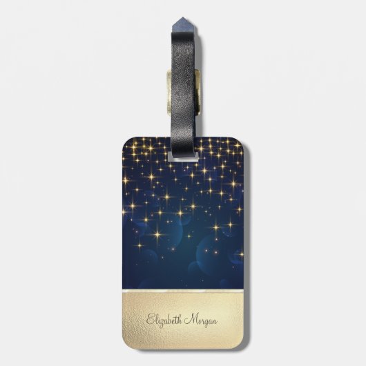 シックエレガント金ゴールドグリッターユニコーンスターズネイビーブルー ラゲッジタグ (裏面縦)