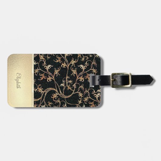 シックエレガント金ゴールドグリッター花 – パーソナライズされた ラゲッジタグ (正面横)