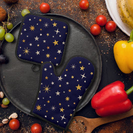 シックエレガント金ゴールドシルバースターズネイビーブルークリスマス 鍋つかみ&鍋敷きセット