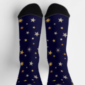 シックエレガント金ゴールドシルバースターズネイビーブルーモノグラム ソックス (上部)