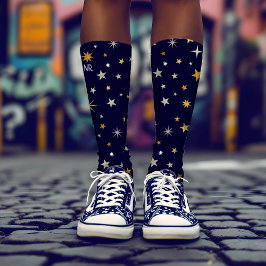 シックエレガント金ゴールドシルバースターズネイビーブルーモノグラム ソックス