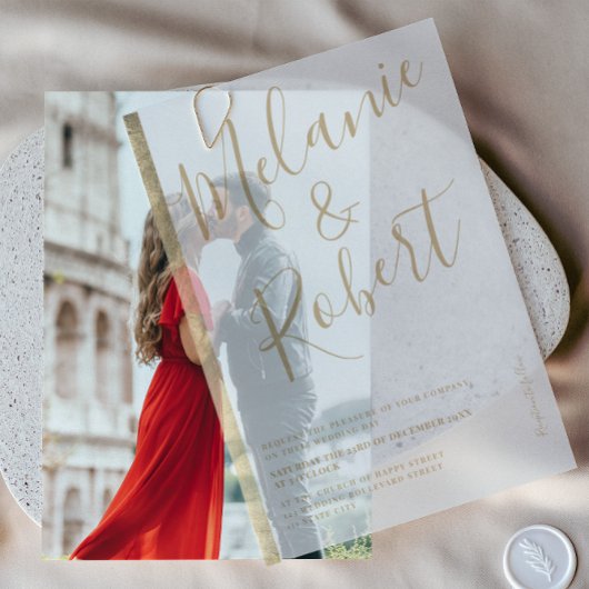 シックエレガント金ゴールドストライプスクリプ結婚ト ベラム紙招待状