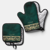シックエレガント金ゴールドスワーズグリーン 鍋つかみ&鍋敷きセット (正面/裏面)
