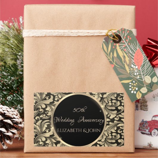 シックエレガント金ゴールドスワーズ記念日 長方形シール (クリスマス)