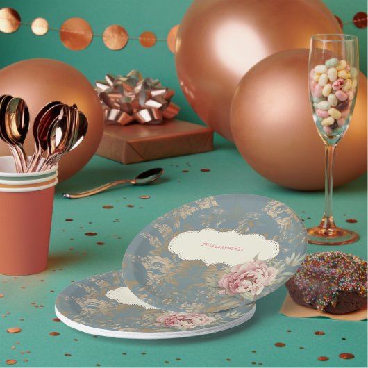 シックエレガント金ゴールドダマスクバラ ペーパープレート (複数)