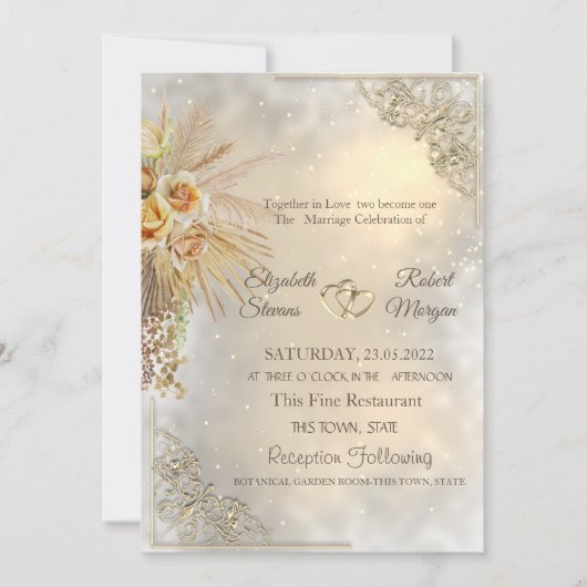シックエレガント金ゴールドハートボホフラワーズ結婚ーズ 招待状 (正面)