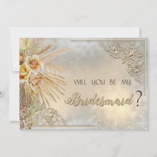 シックエレガント金ゴールドハートボホフラワーズ 招待状 (正面)