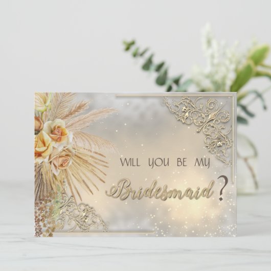 シックエレガント金ゴールドハートボホフラワーズ 招待状 (スタンド正面)